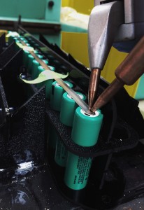 Some of our beloved batteries, here being tab-welded to create a parallel connection